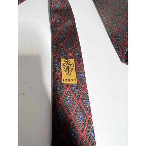 Gucci EUC Red Silk Diamond Print Horse Bit Chain Link Neckwear Tie Made in Italy - Picture 7 of 7
